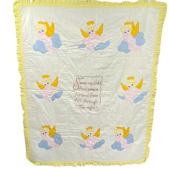 Angel embroidered baby crib quilt blanket yellow white unisex boy girl - Picture 1 of 10